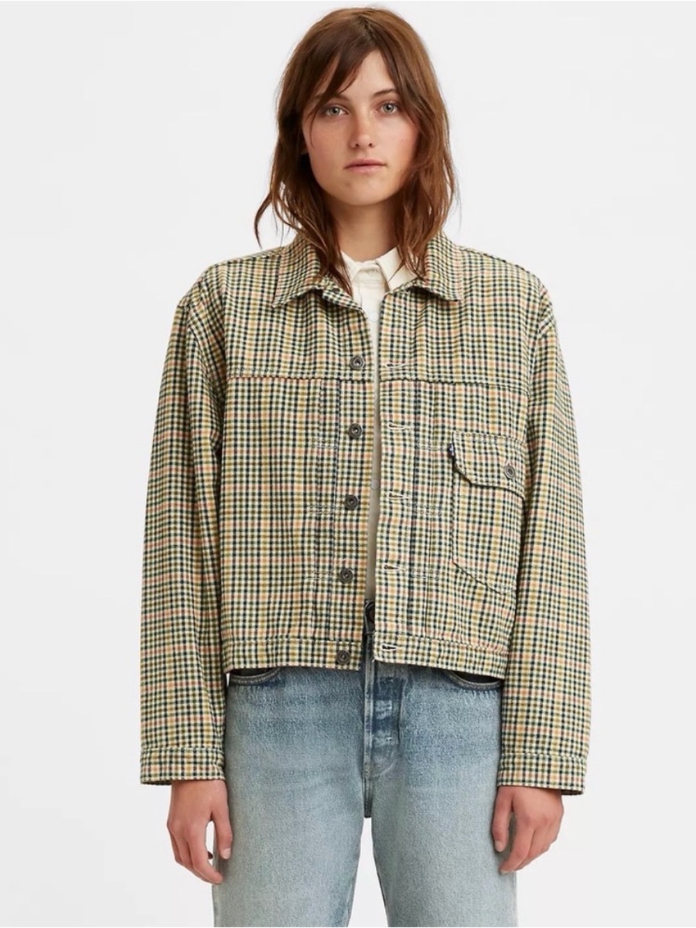 LEVI’S TYPE I TRUCKER JACKET NAVIGATOR PLAID BROWN WOMEN’S MEDIUM